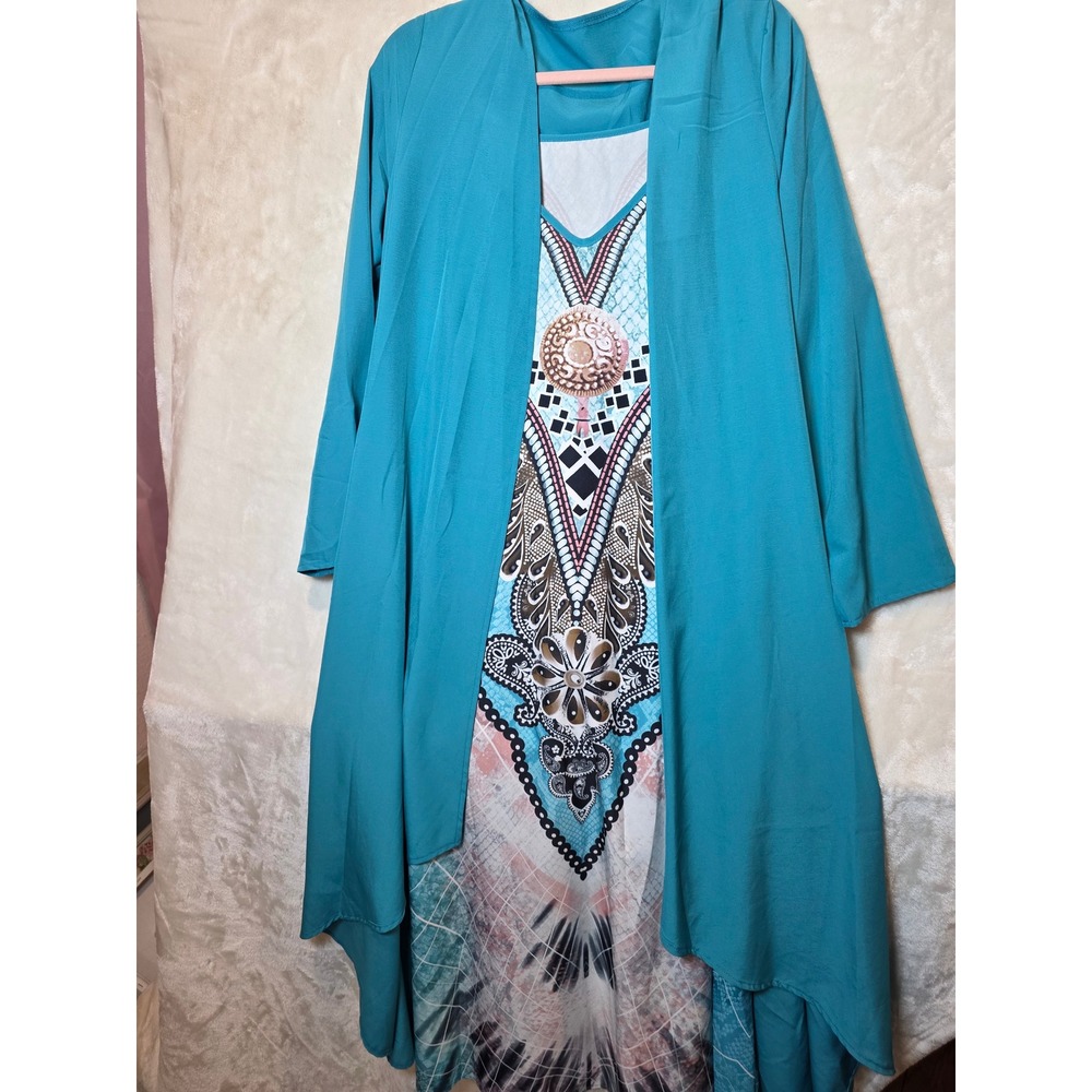 Unbranded Teal‎ Boho Graphic Print Maxi Dress and Cardigan Set Womens Large